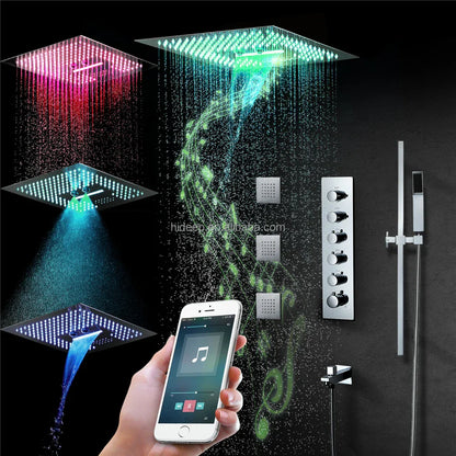 Hideep led shower wall mounted thermostatic shower head with color changing led music shower and multifunction spa design