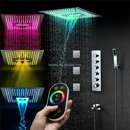 Square chrome hideep led shower head with thermostatic control multiple spray patterns and led music shower features