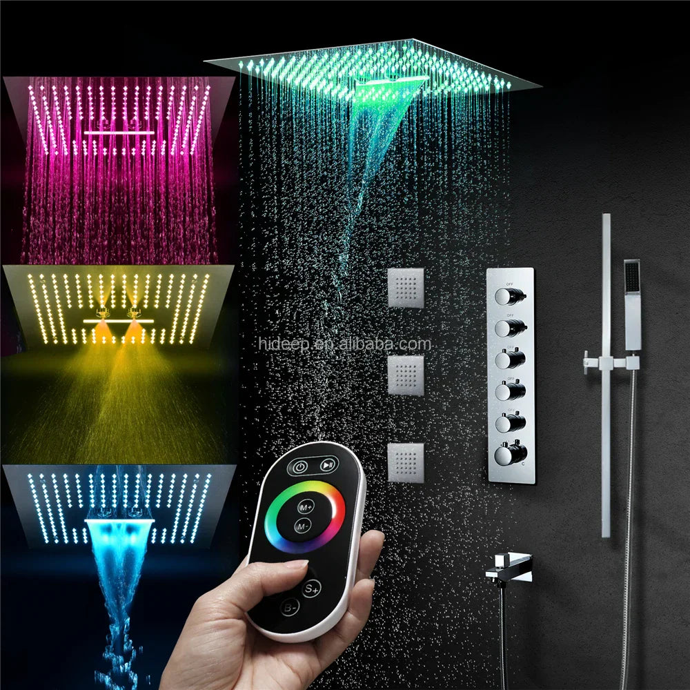 Square chrome rain shower head with led lighting and multiple spray patterns in hideep led music thermostatic shower system