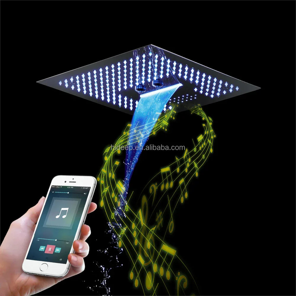 Square-shaped hideep led shower wall mounted thermostatic showerhead with metallic finish and bright blue led music lights