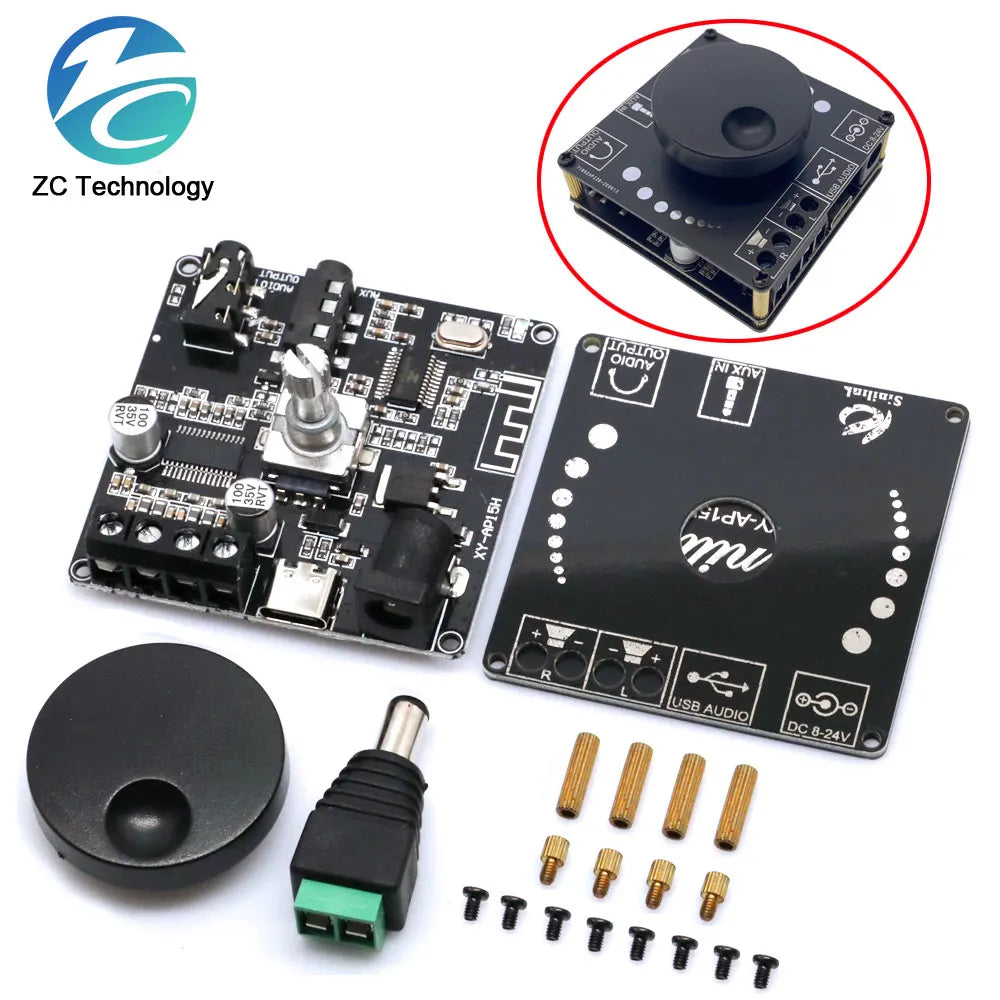 Black ap15h stereo digital amplifier board with silver potentiometer usb-c and aux inputs for 24v home theater use