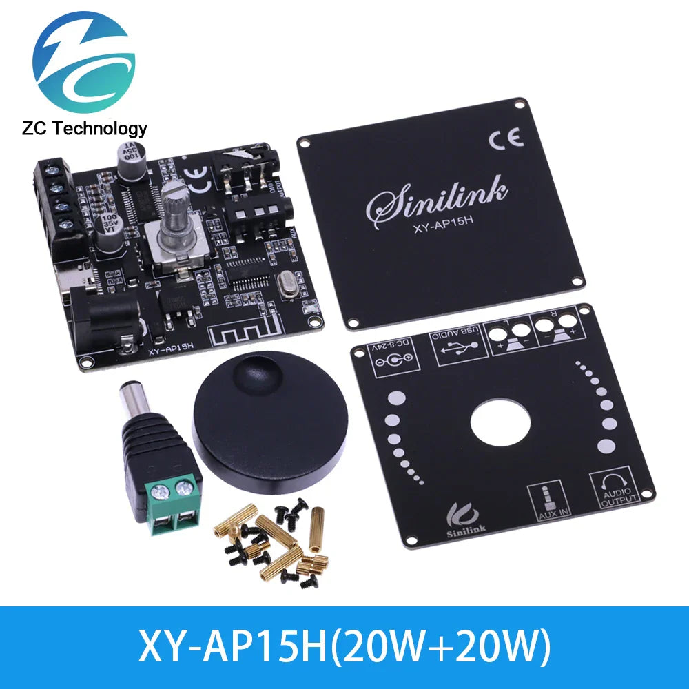 Black sinilink xy-ap15h digital amplifier board with silver potentiometer and green terminal for 24v home theater use