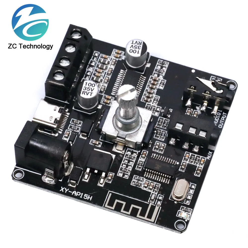 Black ap15h stereo digital amplifier board with silver components and rotary knob for 24v home theater use