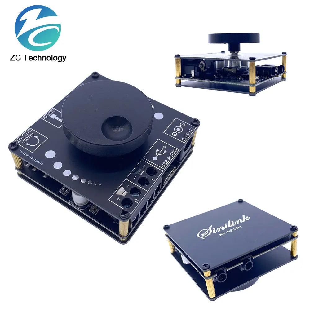 Black ap15h stereo digital amplifier board with gold metallic legs and circular knob for 24v home theater use
