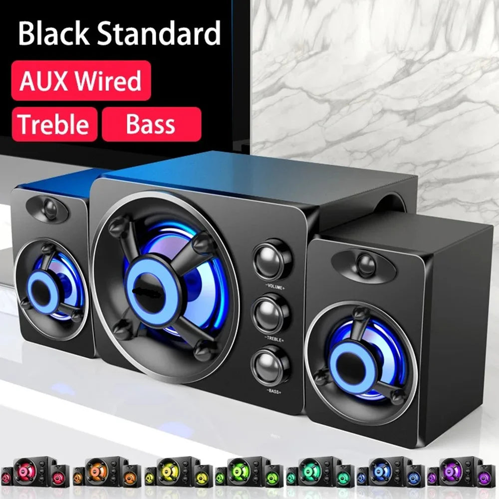 Black hifi 3d stereo speakers colorful led with wired wireless bluetooth aux and control knobs for home theater audio