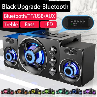 Black hifi 3d stereo speakers with colorful led lighting and wireless bluetooth audio for home theater use