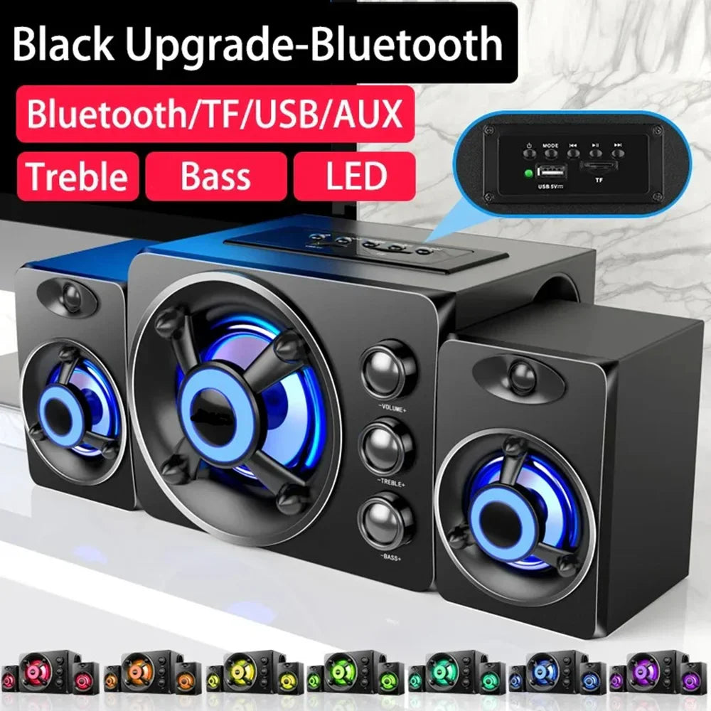 Black hifi 3d stereo speakers colorful led with blue led-lit drivers and wired wireless bluetooth for home theater use