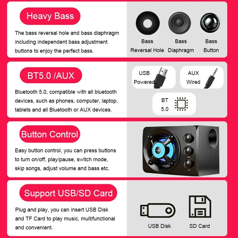 Black rectangular hifi 3d stereo speaker with blue led center and multiple buttons for wireless bluetooth audio use