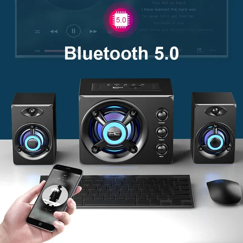 Black hifi 3d stereo speakers colorful led wireless bluetooth audio system with central subwoofer and front control knobs