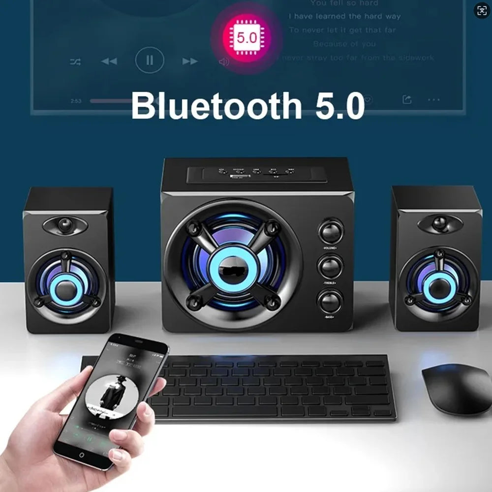 Black hifi 3d stereo speakers with colorful led lights wired wireless bluetooth system featuring subwoofer and satellite speakers