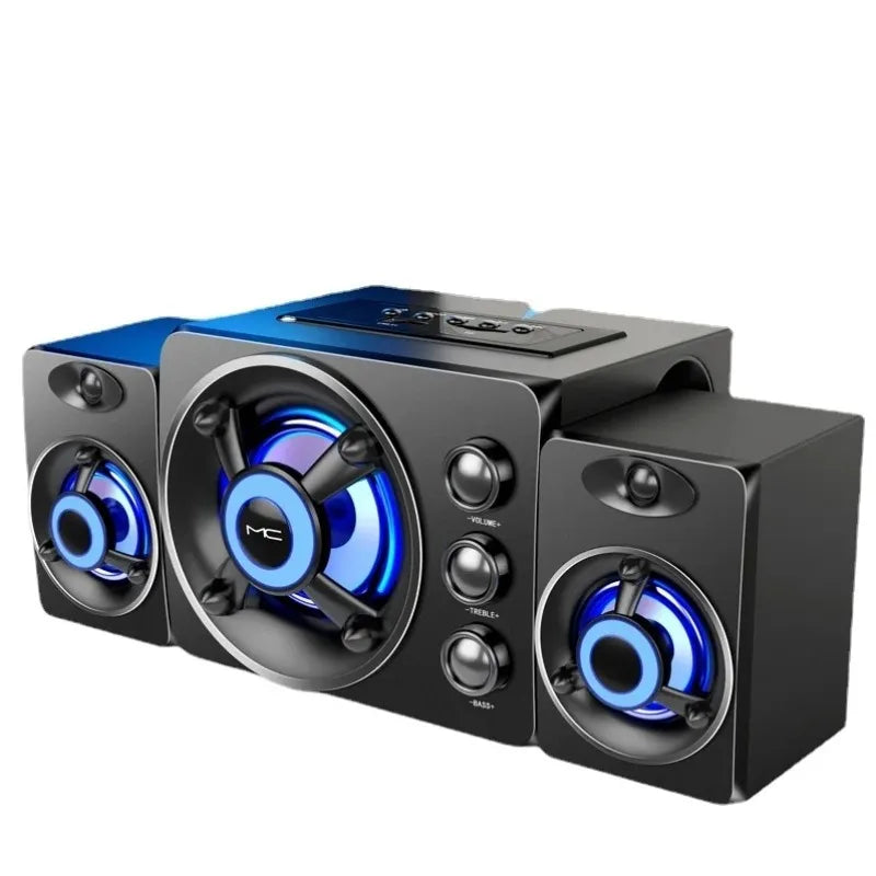 Black hifi 3d stereo speakers with colorful blue led lighting wireless bluetooth audio and central control panel for home theater