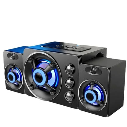 Black hifi 3d stereo speakers with colorful led lights, silver control knobs, wired wireless bluetooth for home theater sound