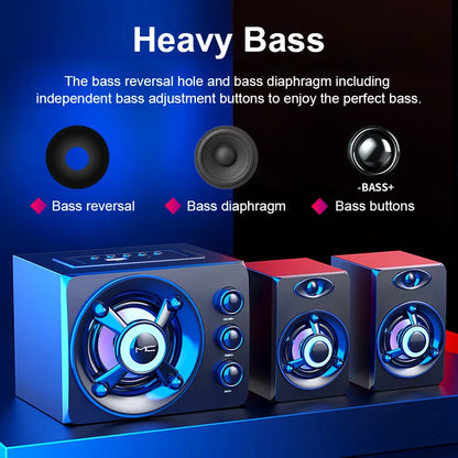 Hifi 3d stereo speakers colorful blue led-lit mc brand 3-piece system with heavy bass wireless bluetooth audio features