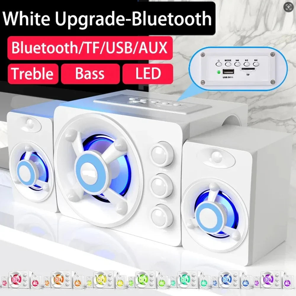 White hifi 3d stereo speakers with colorful led blue drivers and central usb tf aux control panel wired wireless bluetooth