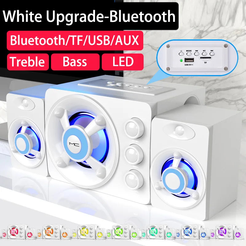 White hifi 3d stereo speakers with colorful blue led lighting and usb tf aux inputs for wireless bluetooth audio use