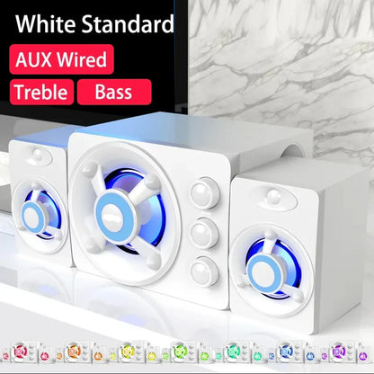 White aux wired hifi 3d stereo speakers colorful led with blue glowing drivers and control knobs for home theater use