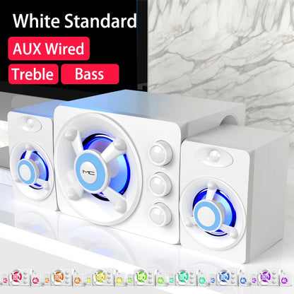 White hifi 3d stereo speakers with colorful blue led drivers and central control panel for wireless bluetooth audio use
