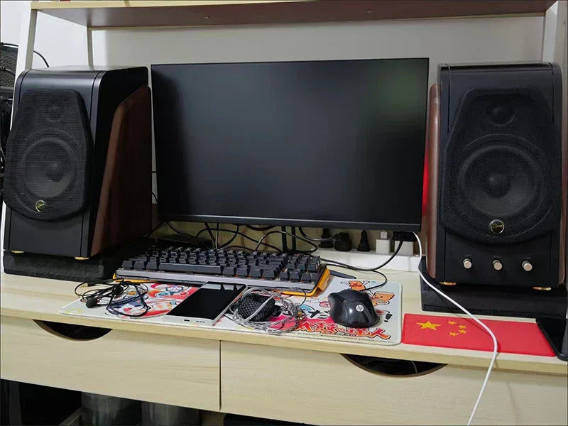 Black and brown wooden-finish bookshelf speakers with circular drivers featuring audio rack isolation and absorber feet spikes