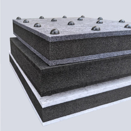 Stacked black and gray foam audio rack isolation panels with rounded metallic absorber feet spikes for speaker shock absorber use