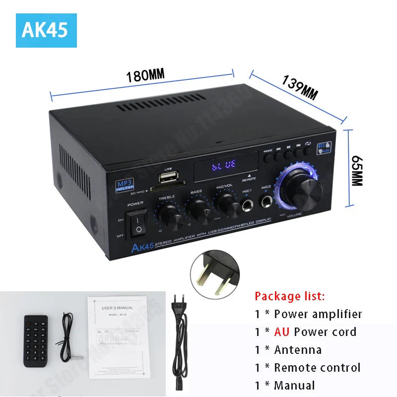Black ak45 hiFi digital amplifier with blue led display and multiple knobs supports 90v-240v surround sound amplifiers car max 350w*2