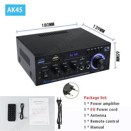 Black ak45 hiFi digital surround sound amplifier with blue led display large volume knob supports 90v-240v car max 350w*2