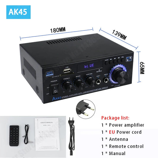 Black ak45 hiFi digital surround sound amplifier with blue led display large volume knob supports 90v-240v car max 350w*2
