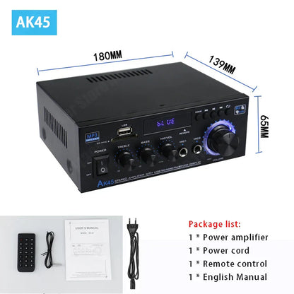 Black ak45 hiFi digital amplifier with blue led display and knobs supports 90v-240v surround sound amplifiers car max 350w*2