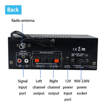 Back side of black hiFi digital amplifier ak45 with labeled ports supporting surround sound amplifiers 90v-240v car max 350w*2
