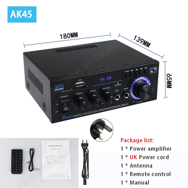 Black ak45 hiFi digital amplifier with digital display and control knobs supports 90V-240V surround sound amplifiers car max 350W*2