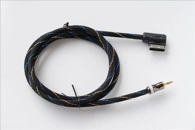 Black and blue braided hifi excellent ami aux cable with 3.5mm gold jack and angled usb type-a for skoda music interface mmi