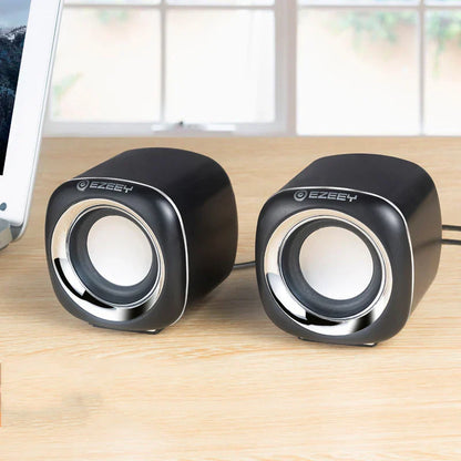 Black ezeet hifi mini desktop wired usb dual speaker with silver accents subwoofer aux playback for laptop pc suround sound