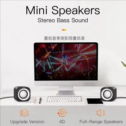 Black and white hifi mini desktop wired usb dual speaker with circular subwoofer aux playback for laptop pc suround stereo