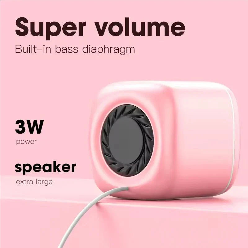 Pink hifi mini desktop wired usb speaker with black grille and built-in bass diaphragm for laptop pc suround subwoofer aux playback