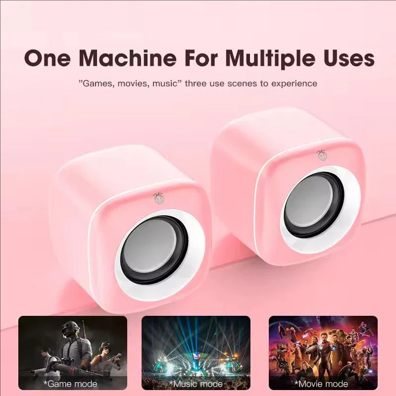 Pink hifi mini desktop wired usb dual speaker with subwoofer aux playback for laptop pc suround stereo use