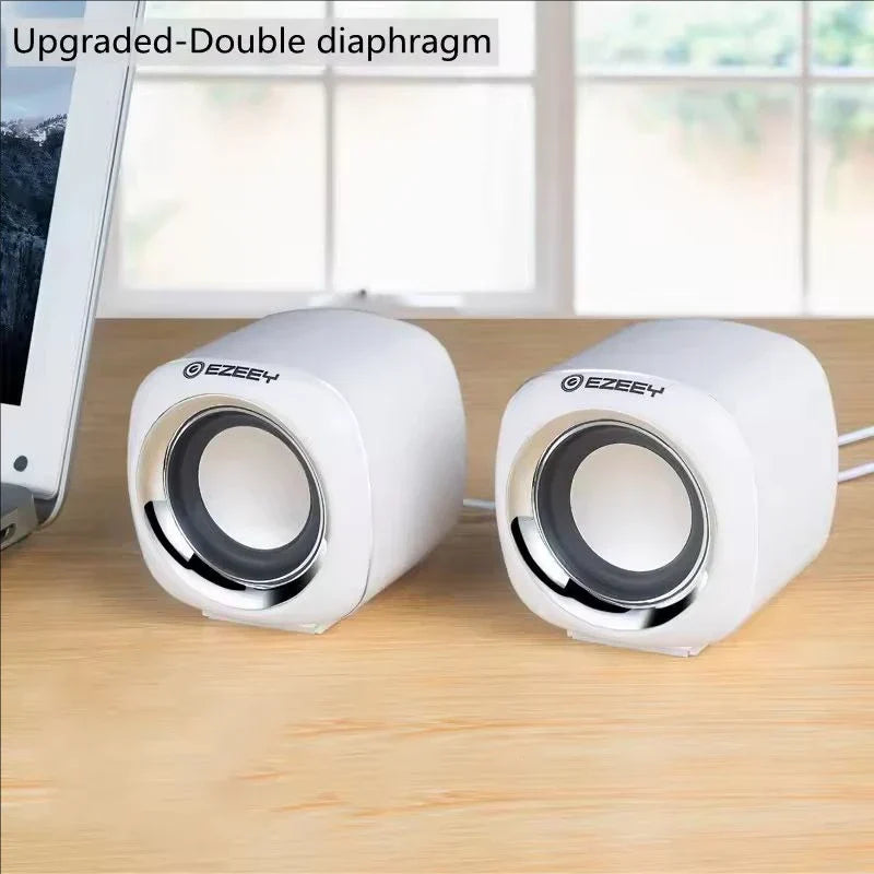 White ezey hifi mini desktop wired usb speakers with silver accents for laptop pc suround subwoofer aux playback