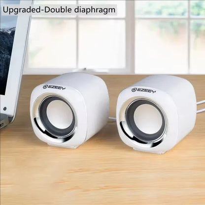 White ezey hifi mini desktop wired usb speakers with silver accents for laptop pc suround subwoofer aux playback