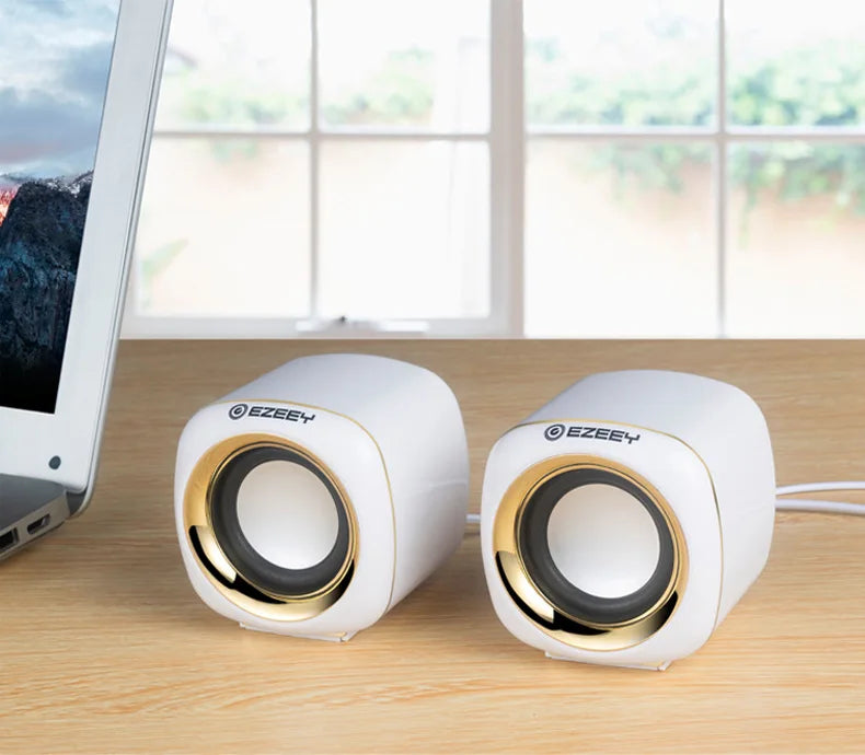 White and gold ezeesy hifi mini desktop wired usb dual speaker with subwoofer aux playback for laptop pc suround sound