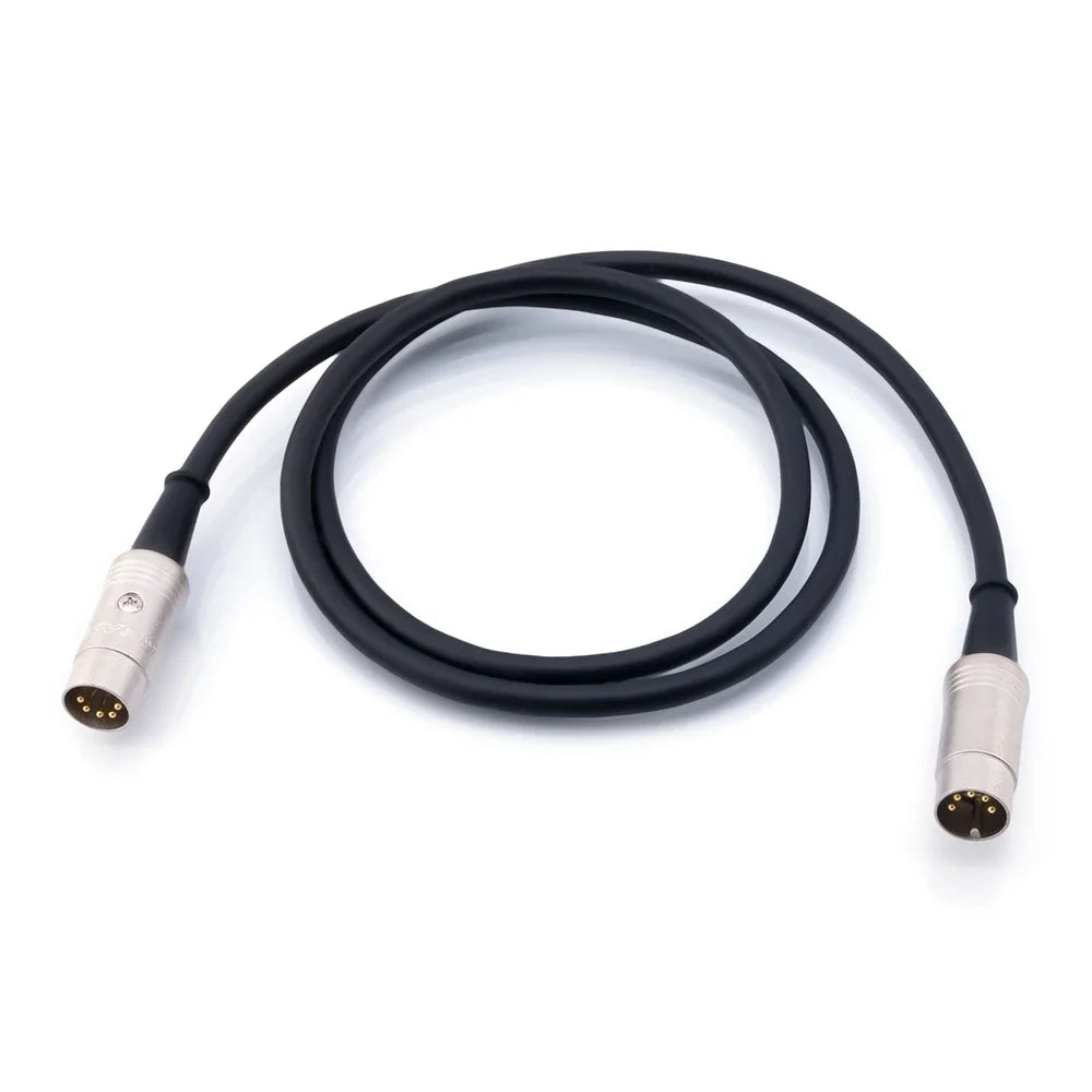 Black coiled hifi monster midi cable extension with silver 5 pin male electric piano keyboard instrument xlr connectors