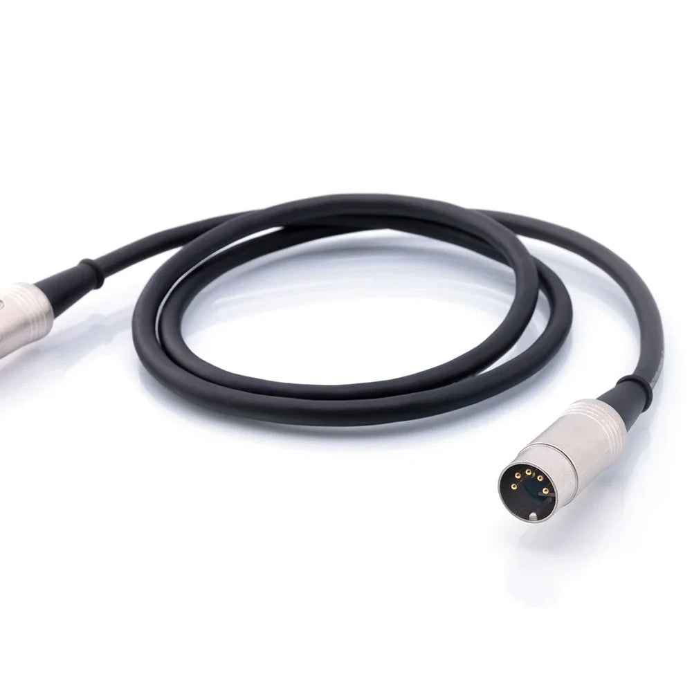 Black coiled hifi monster midi audio cable with silver 5 pin male electric piano keyboard instrument connectors