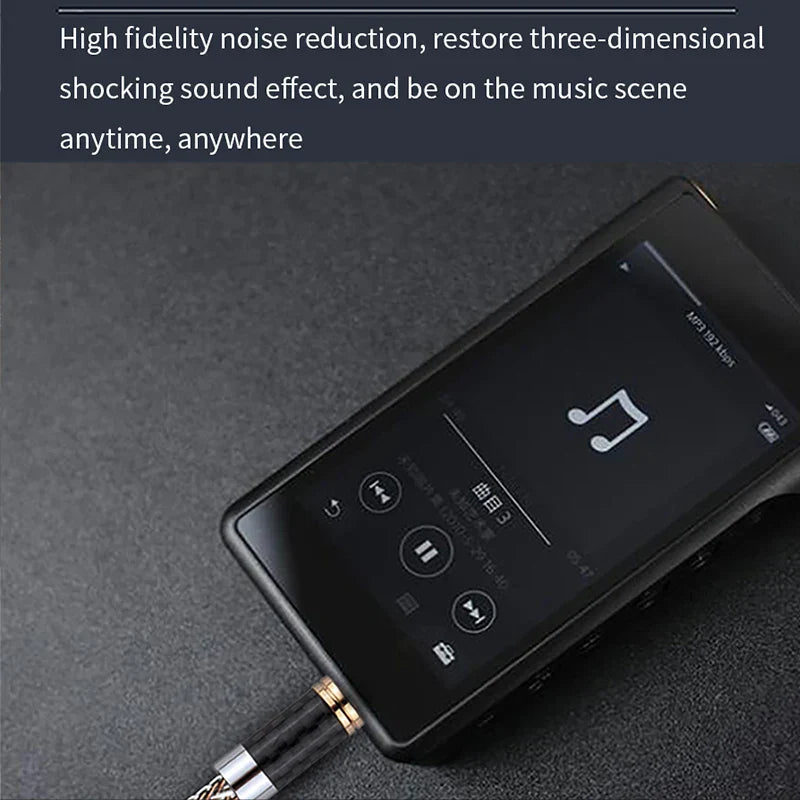 Black rectangular portable music player with touchscreen connected to gold-plated 2rca balance audio amplifier audio home theater balance cable