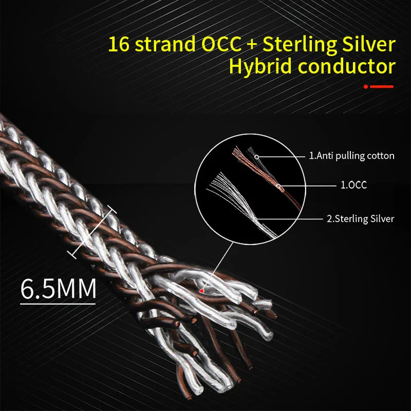 Braided 6.5mm hybrid conductor cable with silver brown strands made of occ copper and sterling silver for theater balance cable