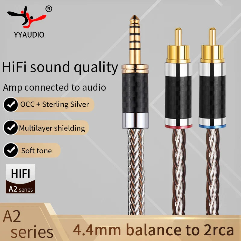 Gold-plated 4.4mm aux to 2rca balance audio cable with black carbon fiber sleeves for amplifier audio home theater balance cable