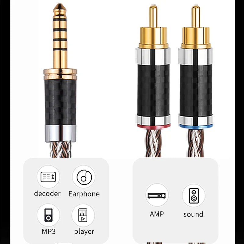 Gold-plated 2rca balance audio cable with black carbon fiber body and silver rings for amplifier audio home theater balance cable