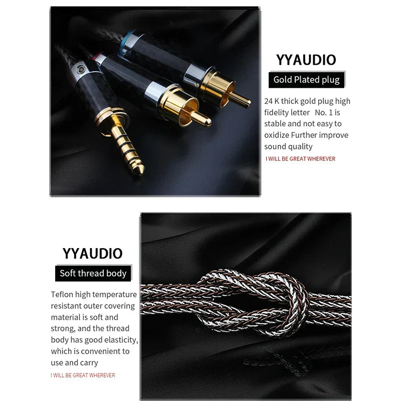 Yyaudio hifi stereo 4.4mm aux to 2rca balance audio cable with gold-plated plugs black teflon braided thread for amplifier audio home theater balance cable