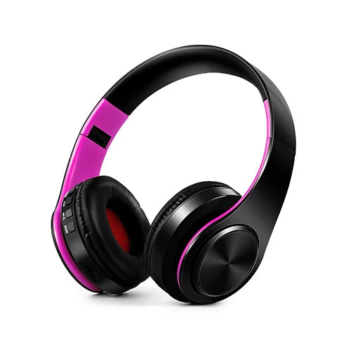 Black and vibrant pink hifi stereo earphones wireless over-ear headphone music headset with support sd card and mic for mobile devices