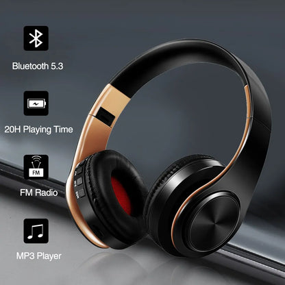 Black and gold wireless bluetooth headphone music with hifi stereo earphones support sd card and mic for mobile devices