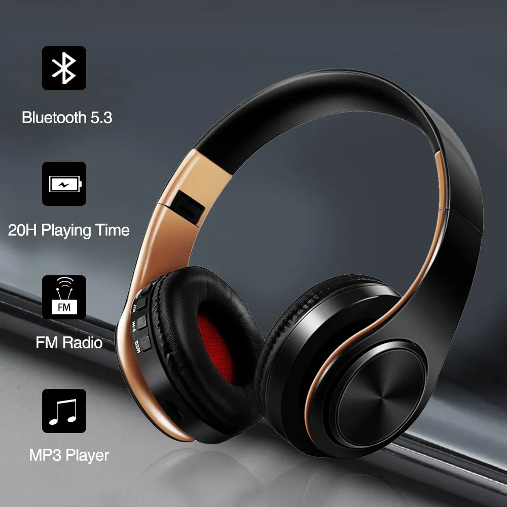 Black and gold wireless hifi stereo earphones with support sd card and mic headphone music headset for mobile devices
