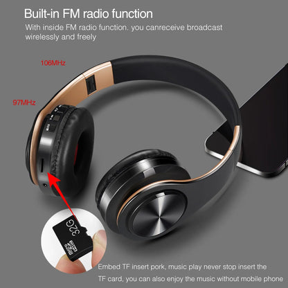 Black and gold hifi stereo earphones wireless headphone music headset with fm radio and support sd card for mobile devices