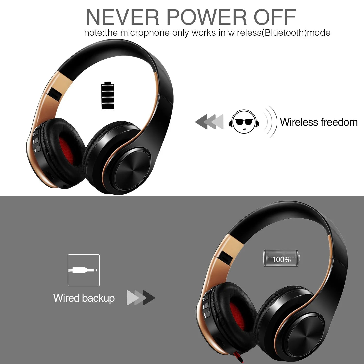 Black and gold hifi stereo earphones bluetooth headphone music with red cushions support sd card for mobile devices