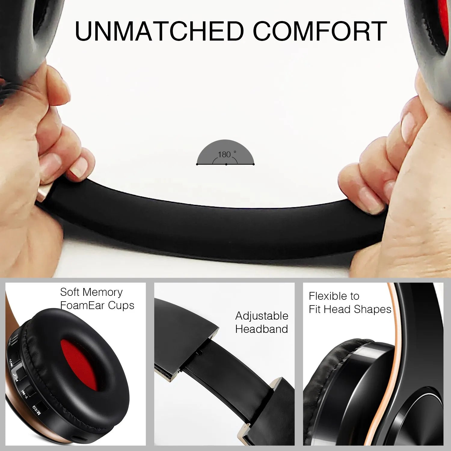 Black over-ear hifi stereo earphones with red accents, soft memory foam ear cups, support sd card, and mic for mobile devices